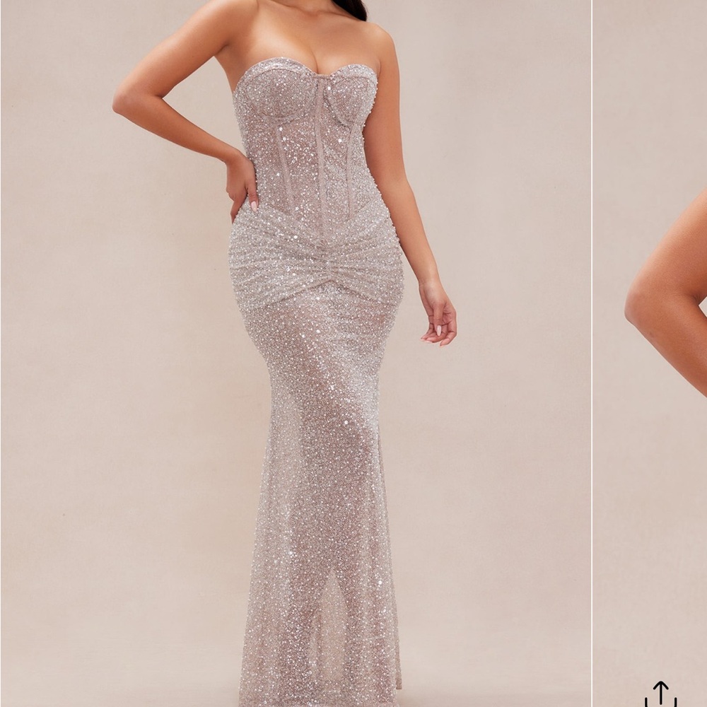 Fashion Nova Silver Sequin Strapless Gown